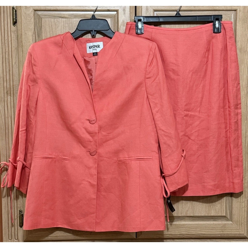 Kasper Linen Blend 2pc Blazer Skirt Suit Set Women's 10P Petite Salmon Lined Tie